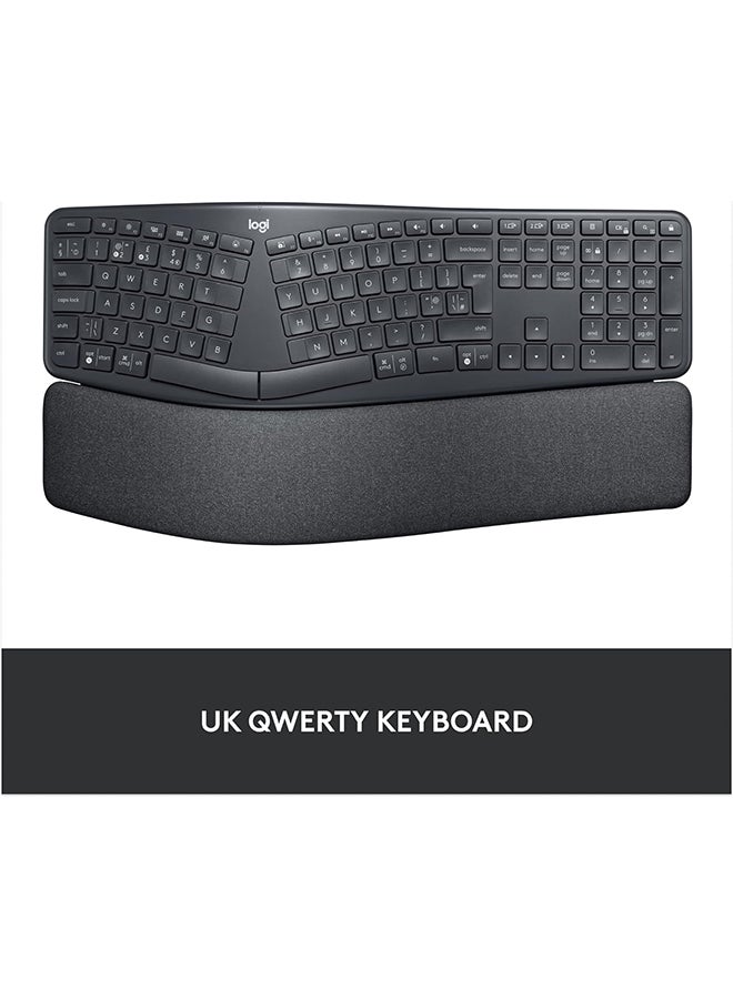 لوجيتيك - Logitech ERGO K860 Wireless Ergonomic Keyboard - Split Keyboard Layout, Wrist Rest, Natural Typing, Stain-Resistant Fabric, Windows/Mac, Bluetooth + USB, Windows/Mac, QWERTY UK English Layout - Grey - Image 1