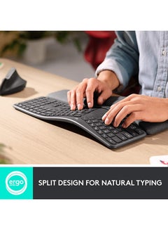 لوجيتيك Logitech ERGO K860 Wireless Ergonomic Keyboard - Split Keyboard Layout, Wrist Rest, Natural Typing, Stain-Resistant Fabric, Windows/Mac, Bluetooth + USB, Windows/Mac, QWERTY UK English Layout - Grey  - Image 3
