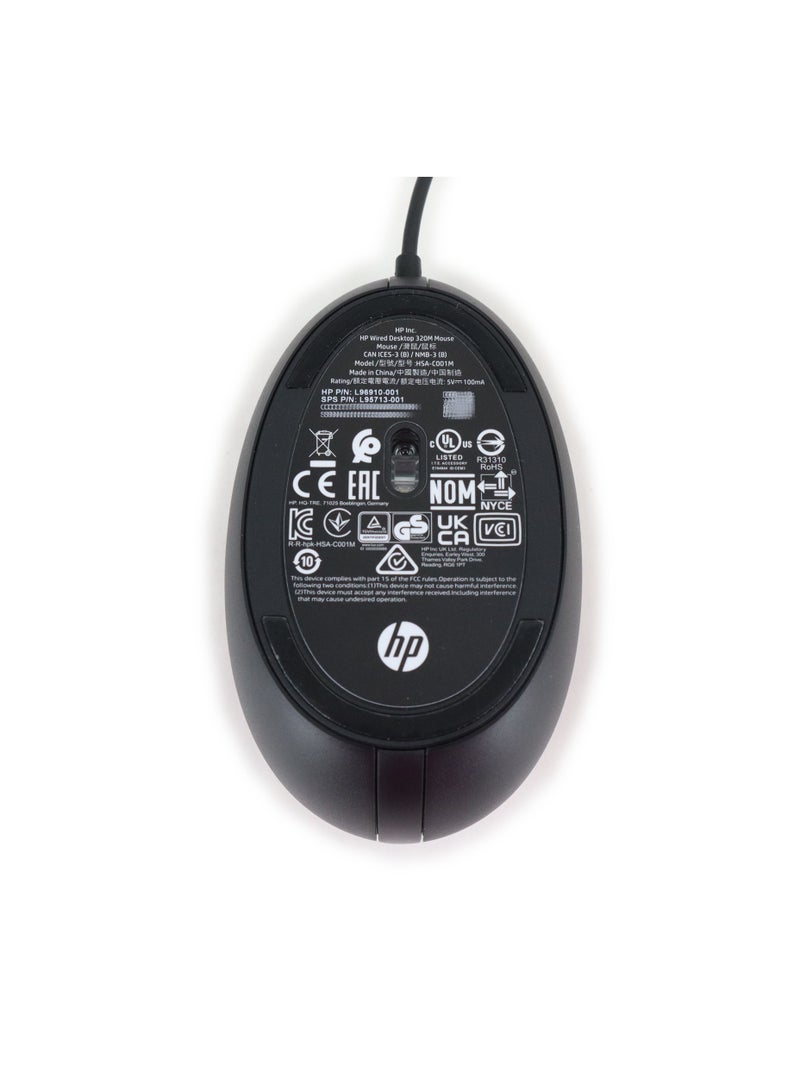 HP - Wired Desktop Optical USB Scroll MOUSE 320M, DIB L96910-001 L95713-001 9VA80AA HSA-C001M Black - Image 1