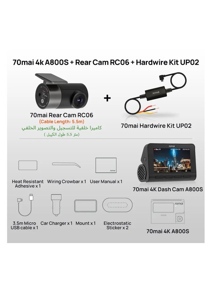70mai - A800s 4K Dash Cam Front And Rear Built-In GPS WiFi With Hardwire Kit Cable - Image 1