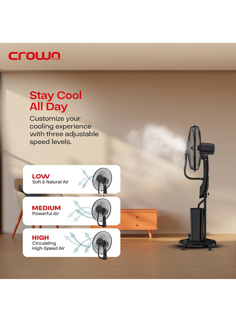 Crownline - 16-Inch Water Spray Mist Fan, 90W Power, 3.3L Tank, 3 Cooling Modes, 7H Timer, Remote Control, Anionic Function, Built-in Caster Wheels – Ideal for Home & Office 3.3 L 90 W MF-399 Black - Image 1