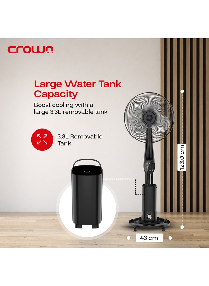 Crownline - 16-Inch Water Spray Mist Fan, 90W Power, 3.3L Tank, 3 Cooling Modes, 7H Timer, Remote Control, Anionic Function, Built-in Caster Wheels – Ideal for Home & Office 3.3 L 90 W MF-399 Black - Image 1