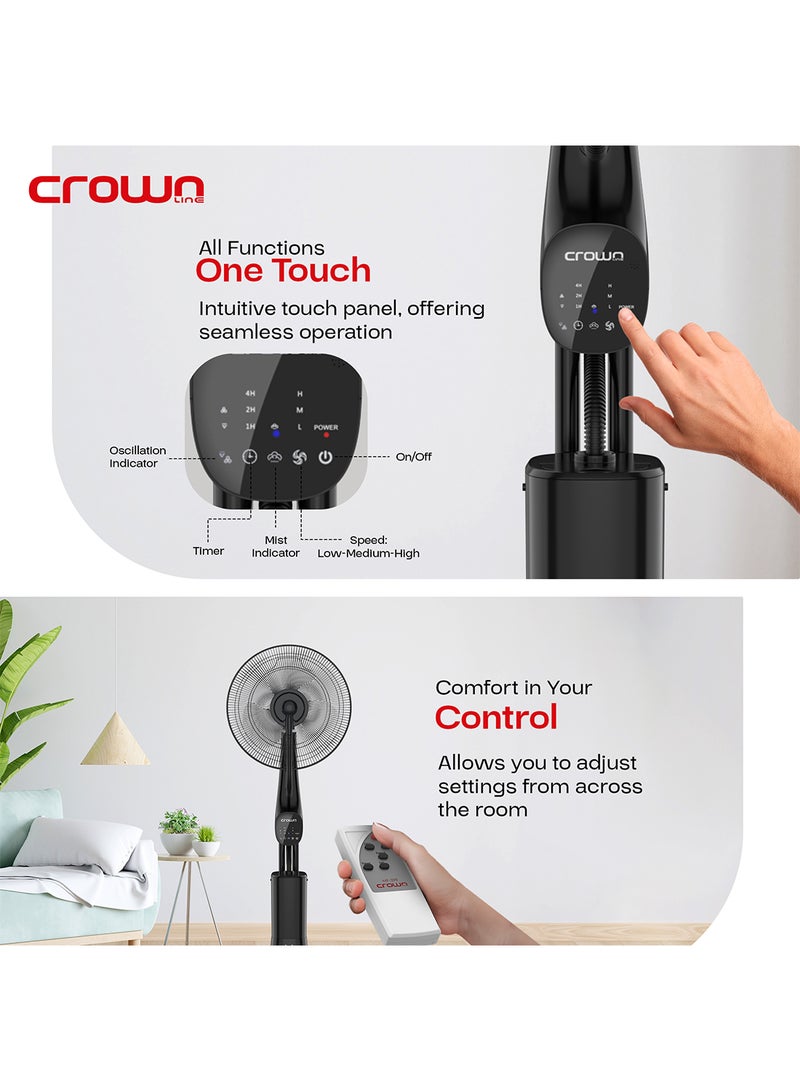 Crownline - 16-Inch Water Spray Mist Fan, 90W Power, 3.3L Tank, 3 Cooling Modes, 7H Timer, Remote Control, Anionic Function, Built-in Caster Wheels – Ideal for Home & Office 3.3 L 90 W MF-399 Black - Image 1