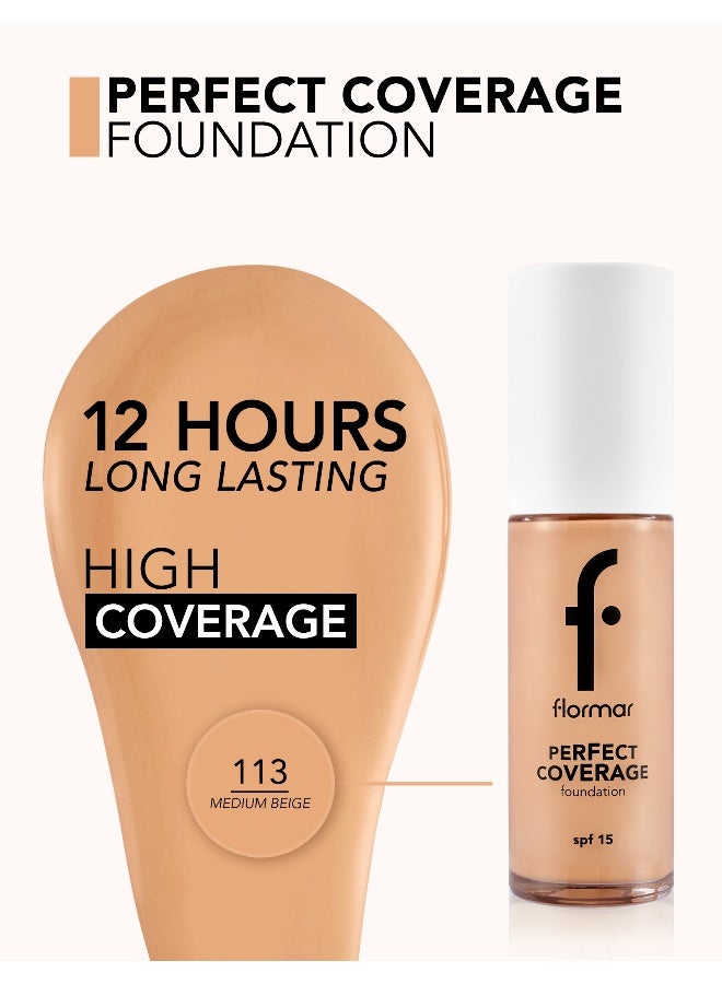 flormar Perfect Coverage Foundation – 113 Medium Beige – Soft Rich Texture, Smooth-Looking Skin, Up to 12H Fresh Wear, SPF 15 - Image 5