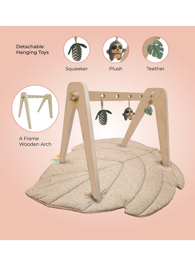 Moon - Natures Nook Maple Leaf Shaped Baby Playmat With Wooden 'A' Frame Arch -Tummy Time, 6M+, Beige - Image 1