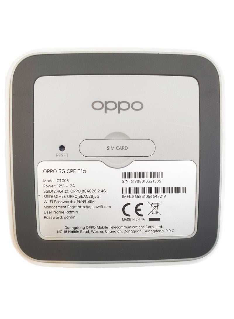 OPPO - 5G CPE T1a Router With Sim Slot LTE Cat20 WiFi Hotspot Wi-Fi 6 AX1800,Up To 4.07Gbps, 4X4 MIMO, Connect Up To 32 Devices, Ooredoo Customized Version With Arabic Unlocked, White CTC03 - Image 1