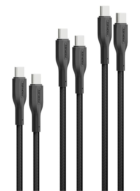 Pack Of 3 USB-C To USB-C Cables, Ultra-Fast Triple Type-C Sync & Charge Cables With 60W Power Delivery, Versatile Lengths (0.3m, 1.2m, and 2m), 25000+ Bend Test, Tangle-Free Cords, CableKit-CC Black