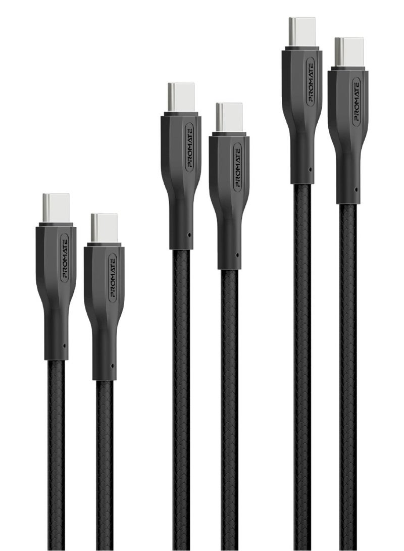 مجموعة من 3 كابلات USB-C إلى USB-C، كابلات مزامنة وشحن ثلاثية فائقة السرعة من النوع C مع توصيل طاقة 60 وات، أطوال متعددة (0.3 متر، 1.2 متر، و2 متر)، أكثر من 25000 اختبار ثني، أسلاك خالية من التشابك، CableKit-CC