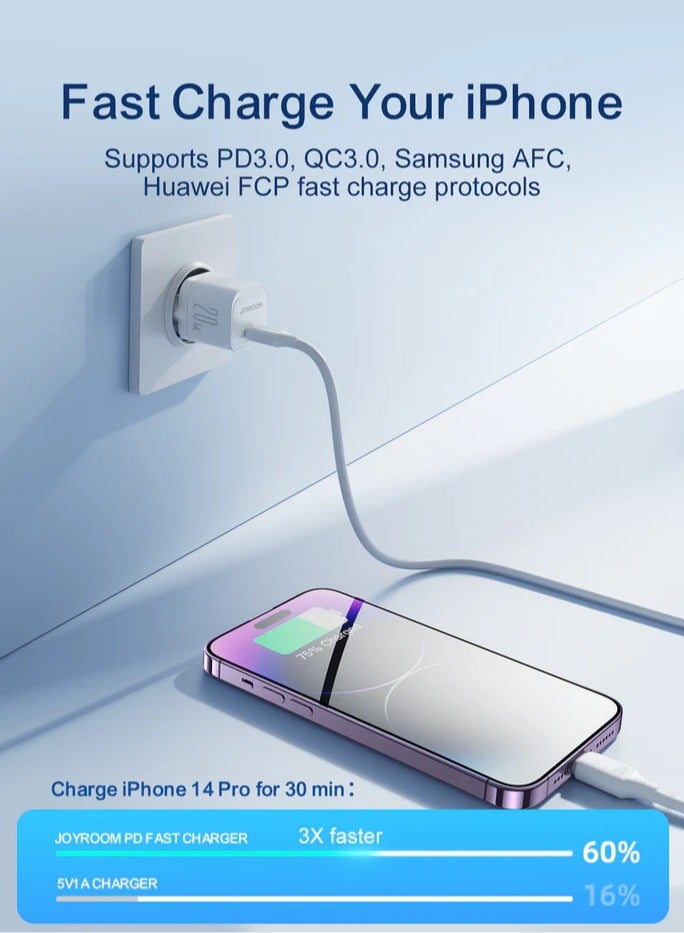 JR-TCF02EU Mini Fast Charger 20W With Type C To Lightning Data Cable - Cable USB Devices Supports PD & QC3.0 PD Charge SwiftCharge 4X Ultra Fast - White White