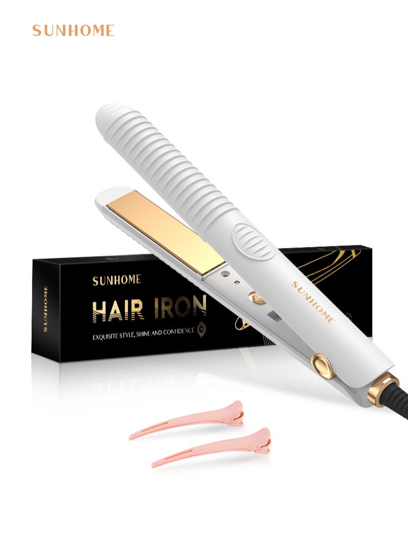 صن هوم مكواة شعر مصغرة احترافية مكواة مسطحة صغيرة للشعر القصير والتجاعيد والبانغس للسفر باللون الأبيض/الذهبي - Image 1