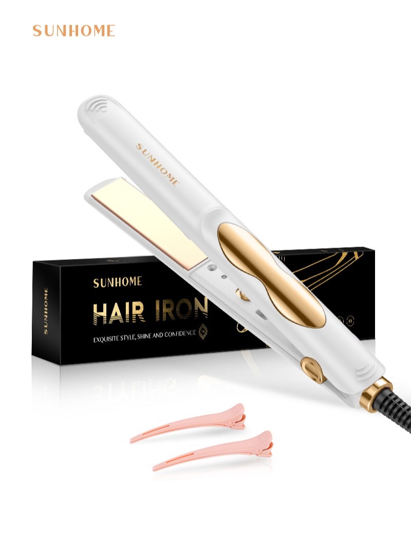 صن هوم مكواة فرد شعر احترافية صغيرة الحجم لتجعيدات الشعر القصيرة والغرة ومكواة فرد شعر للسفر باللون الأبيض/الذهبي - Image 1