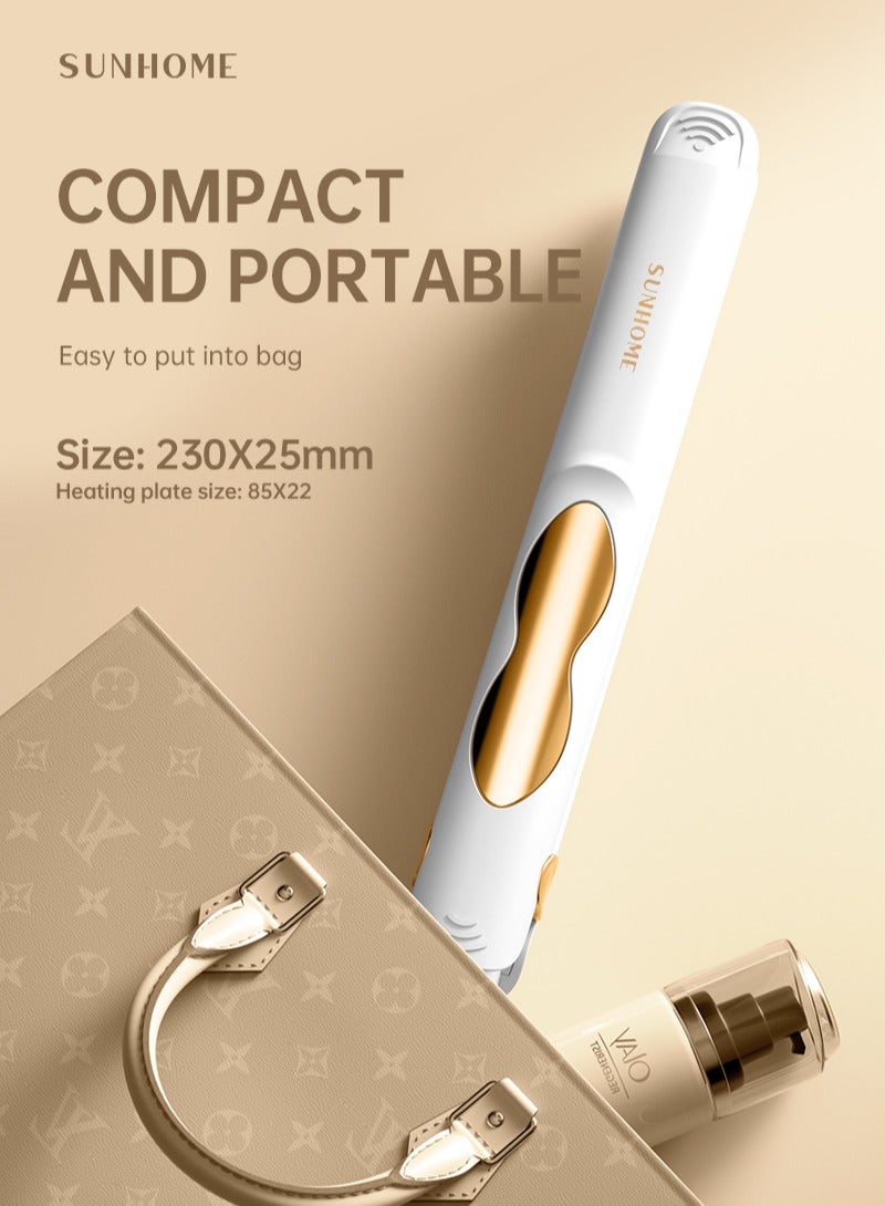 صن هوم مكواة فرد شعر احترافية صغيرة الحجم لتجعيدات الشعر القصيرة والغرة ومكواة فرد شعر للسفر باللون الأبيض/الذهبي - Image 3