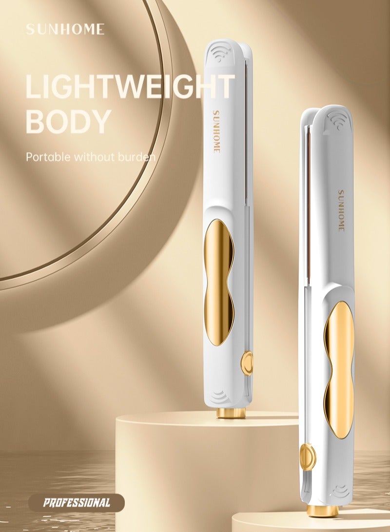 صن هوم مكواة فرد شعر احترافية صغيرة الحجم لتجعيدات الشعر القصيرة والغرة ومكواة فرد شعر للسفر باللون الأبيض/الذهبي - Image 2