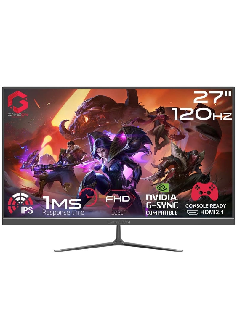 جايم أون - شاشة ألعاب 27 بوصة، شاشة كمبيوتر FHD 1080P 120 هرتز IPS 1 مللي ثانية، شاشة IPS عريضة، HDMI 2.1 سريع ومنفذ عرض VGA ومكبرات صوت مدمجة تدعم PS5 - Image 1