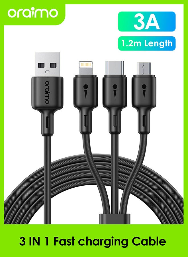 Oraimo 3 In 1 3A Charging Cable With Micro USB And Type-C Lighting Port Black - Image 1