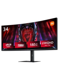 34 inch MI Curved Gaming Monitor G34WQi  1ms Fast Response 21:9 180Hz High Refresh Rate 1500R Curvature WQHD 3440x1440 Resolution sRGB Wide Colour Gamut Free-Sync C34WQBA-RGGL Global Version Black
