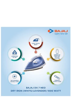 Bajaj 1000W Neo Dry Iron with Advanced Soleplate, Non-Stick Coating, Anti-Bacterial German Technology | Cool-Touch Body, 360° Swivel Cord, Thermal Fuse for Safety 1000 W DX 7 White/Lavender  - Image 4