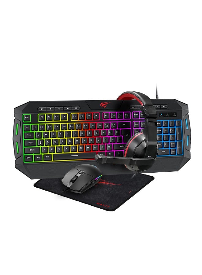 havit - KB501CM 4-in-1 Gaming Keyboard, Mouse, Mouse Pad and Gaming Headset, Cool RGB Lights, Ergonomic, Black | HVKB-KB501CM-BK - Image 1