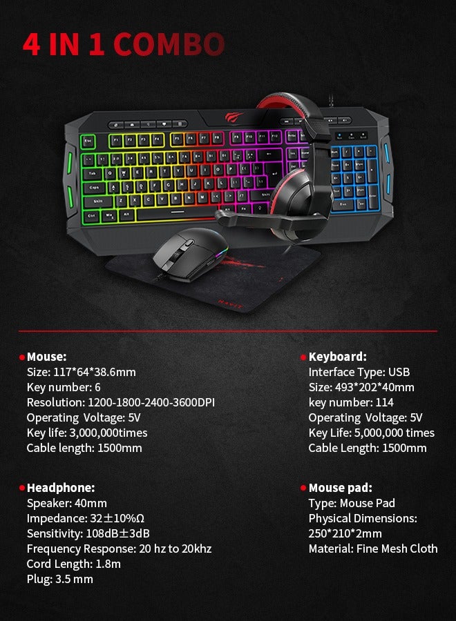 havit - KB501CM 4-in-1 Gaming Keyboard, Mouse, Mouse Pad and Gaming Headset, Cool RGB Lights, Ergonomic, Black | HVKB-KB501CM-BK - Image 1