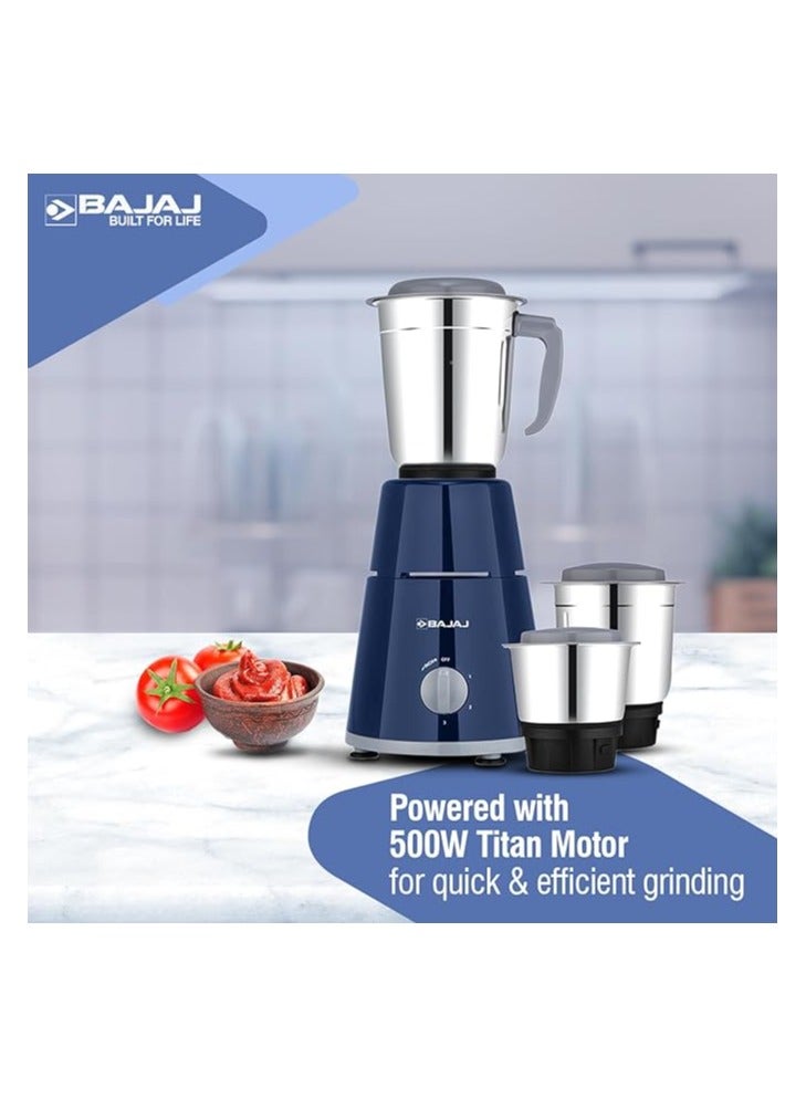 Bajaj - Mixer Grinder With Titan Motor, 3 Stainless Steel Jars, 2-in-1 Blade for Dry & Wet Grinding | Ideal for Grinding Spices, Chutneys, Smoothies, Batters, Chopping, Grating, Mincing 2.4 L 500 W GX 1 Blue - Image 1