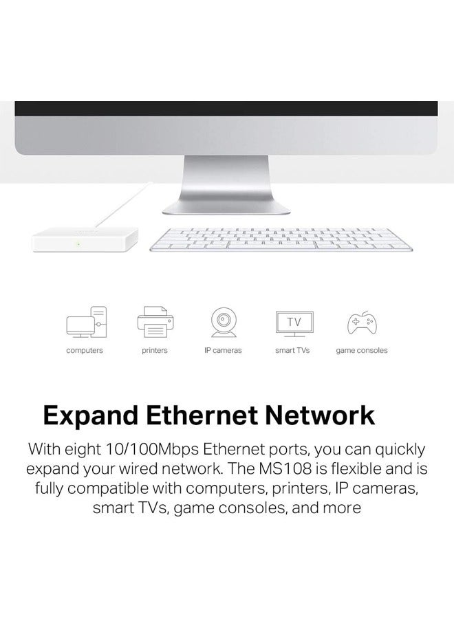 MERCUSYS - 8-Port 10/100Mbps Desktop Ethernet Switch/Hub, Ultra-Compact Design, Plug & Play, No cConfiguration Required (MS108) White - Image 1