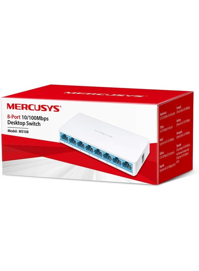 MERCUSYS - 8-Port 10/100Mbps Desktop Ethernet Switch/Hub, Ultra-Compact Design, Plug & Play, No cConfiguration Required (MS108) White - Image 1