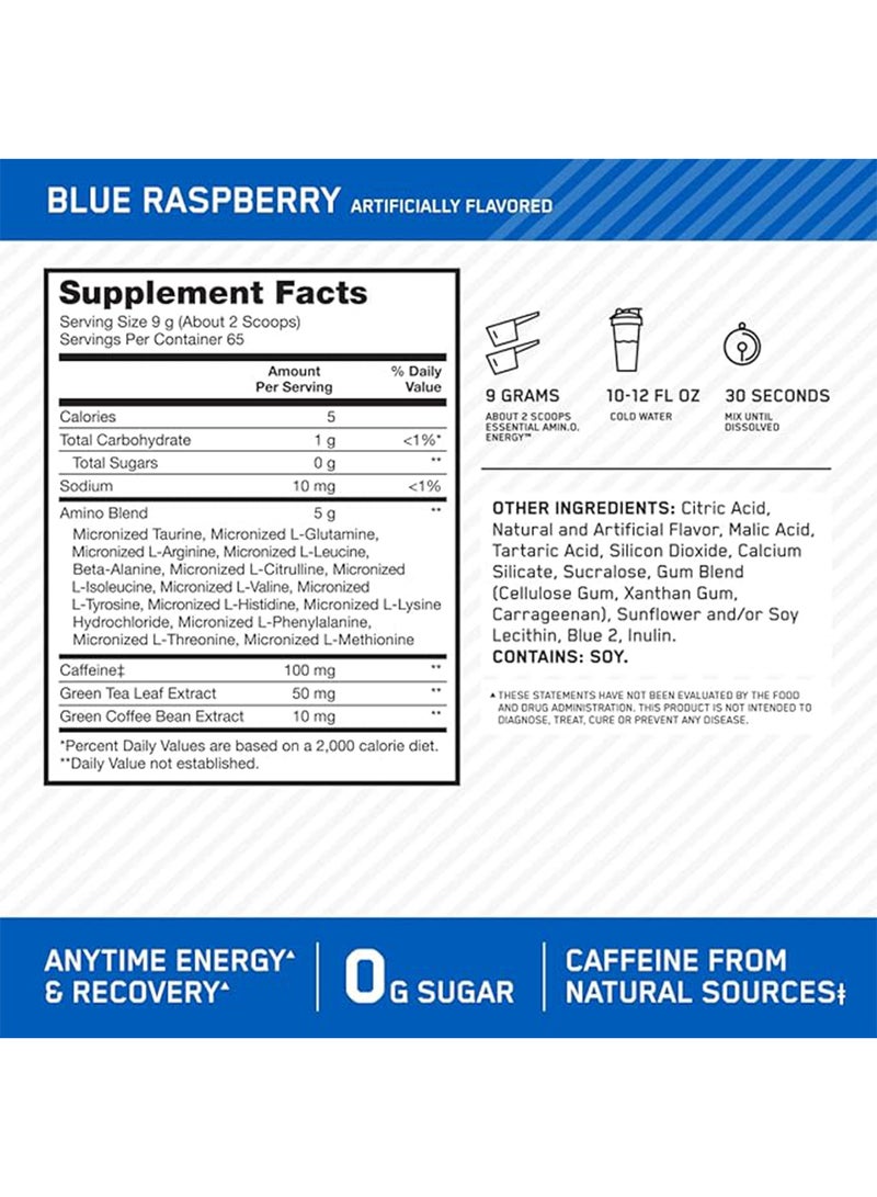 Optimum Nutrition Amino Energy - Pre Workout With Green Tea, Bcaa, Amino Acids, Keto Friendly, Green Coffee Extract, Blue Raspberry - 585 gm, 65 Servings  - Image 3