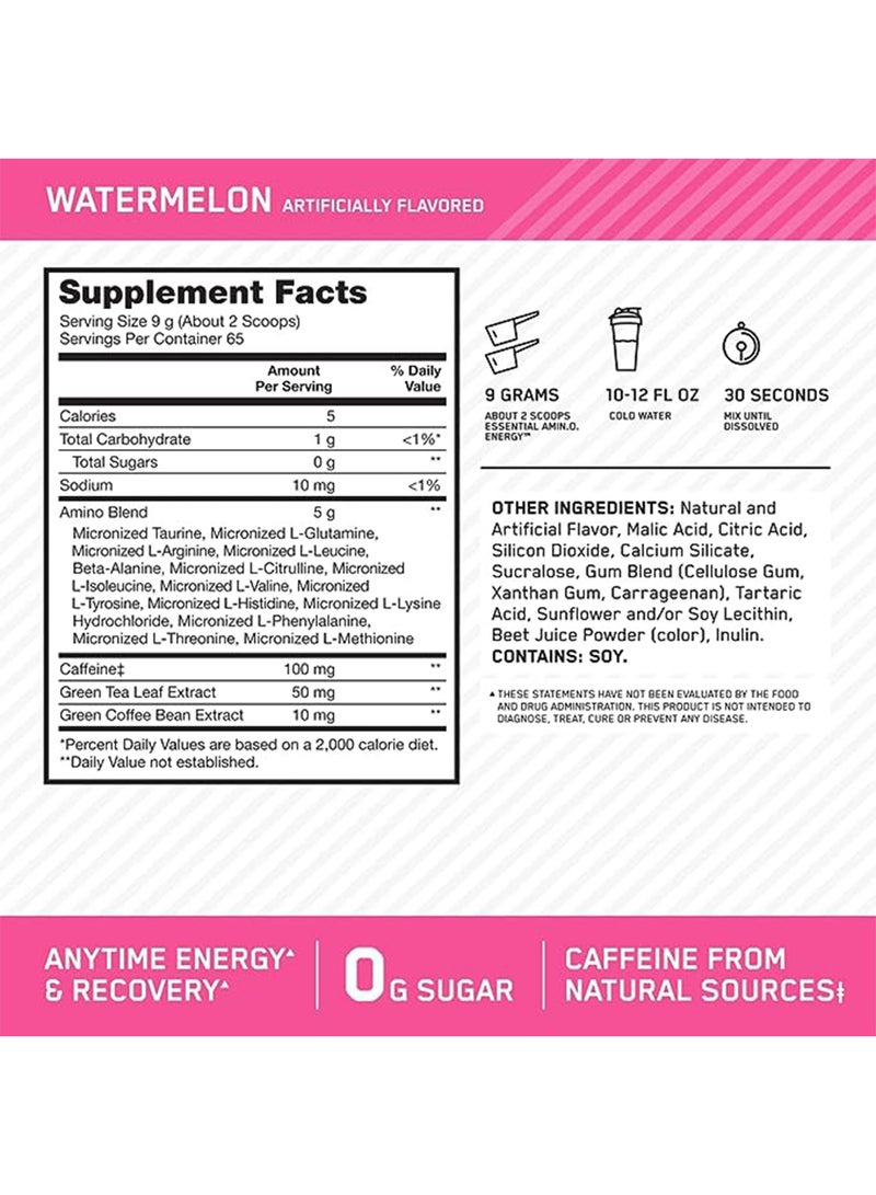 Optimum Nutrition - Amino Energy - Pre Workout With Green Tea, Bcaa, Amino Acids, Keto Friendly, Green Coffee Extract, 0 Grams of Sugar, Anytime Energy Powder - Watermelon - 585 gm, 65 Servings - Image 1