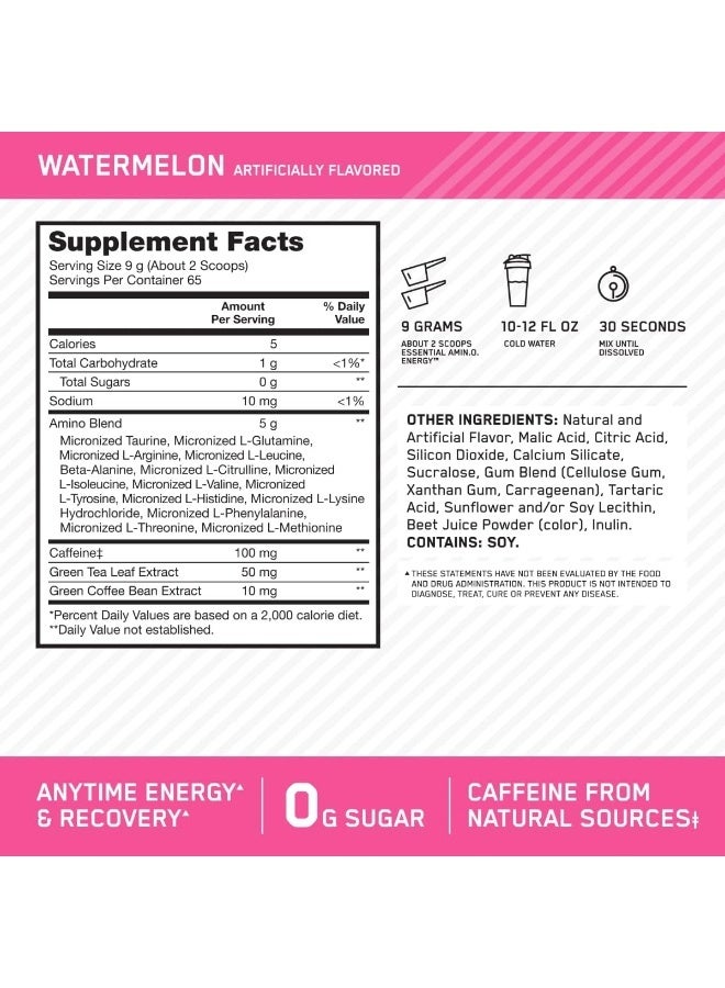 أوبتيموم نيوتريشن الطاقة الأمينية - قبل التمرين مع الشاي الأخضر، Bcaa، الأحماض الأمينية، صديقة للكيتو، مستخلص القهوة الخضراء، 0 جرام من السكر، مسحوق الطاقة في أي وقت - البطيخ - 585 جم، 65 وجبة - Image 3