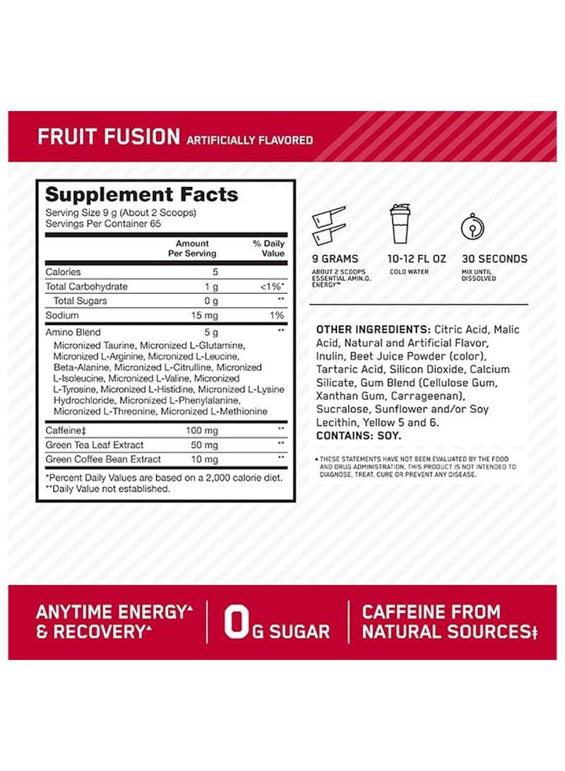 Optimum Nutrition - Amino Energy - Pre Workout With Green Tea, Bcaa, Amino Acids, Keto Friendly, Green Coffee Extract Fruit Fusion - 585 gm , 65 Servings - Image 1