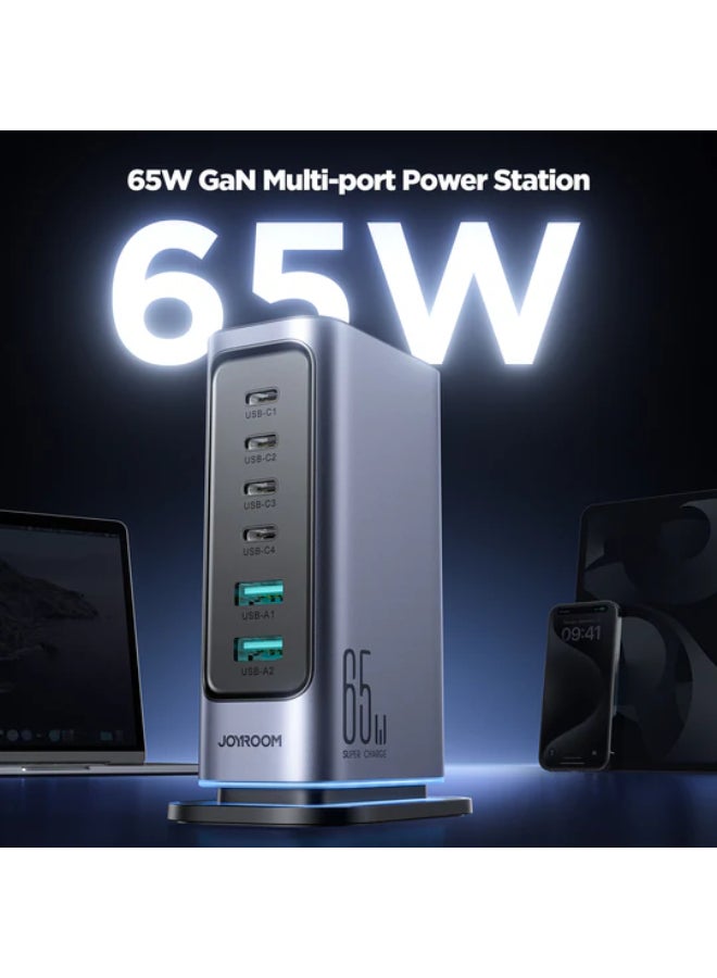 JOYROOM Jr‑Tcm02 65W Gan Multi‑Port Charger – Fast Charge 4×Usb‑C + 2×Usb‑A, 6‑Device Simultaneous Charging, Pps 3.3‑21V, Gan Efficiency, 1.5 M Detachable Cable, Usb‑C Pd & Qc Safety Black - Image 2