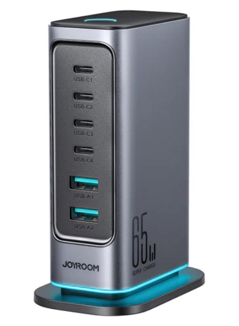 JOYROOM Jr‑Tcm02 65W Gan Multi‑Port Charger – Fast Charge 4×Usb‑C + 2×Usb‑A, 6‑Device Simultaneous Charging, Pps 3.3‑21V, Gan Efficiency, 1.5 M Detachable Cable, Usb‑C Pd & Qc Safety Dark Grey - Image 1