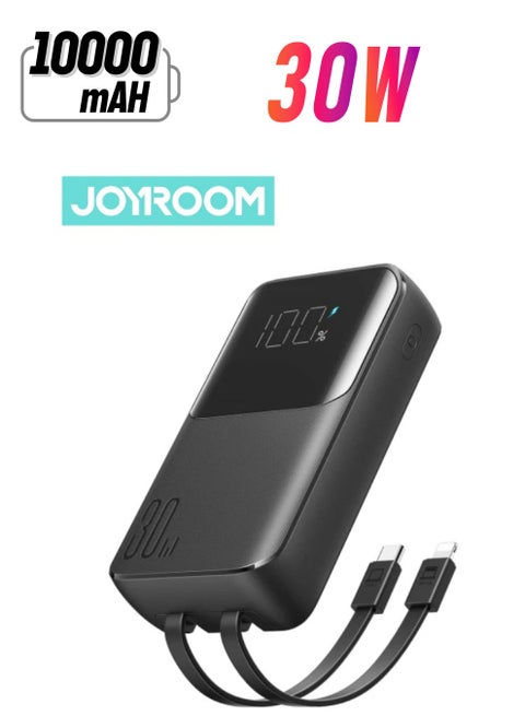 10000 mAh JR-PBC06 30W Mini Power Bank With Built-In USB-C / Lightning Cables Black