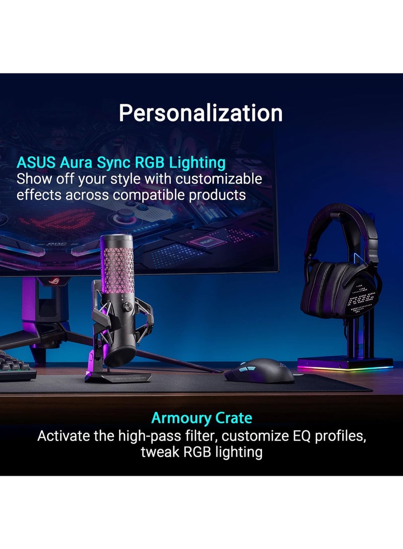 أسوس - ميكروفون ألعاب USB ASUS ROG Carnyx (كبسولة مكثف 25 مم، 192 كيلو هرتز/24 بت، قلبي الشكل، مرشح تمرير عالي، مرشح بوب مدمج، حامل صدمات معدني، كتم صوت بلمسة واحدة، USB، Aura Sync RGB) - أسود - Image 1