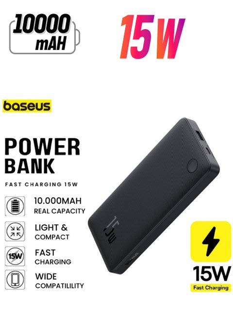10000 mAh Portable Charger, 15W Power Bank Fast Charging, Slim Battery Pack Charger Portable With USB C In & Out For iPhone 15 14 13 12 11 Samsung S24 S23 S22 Google LG iPad And More Black