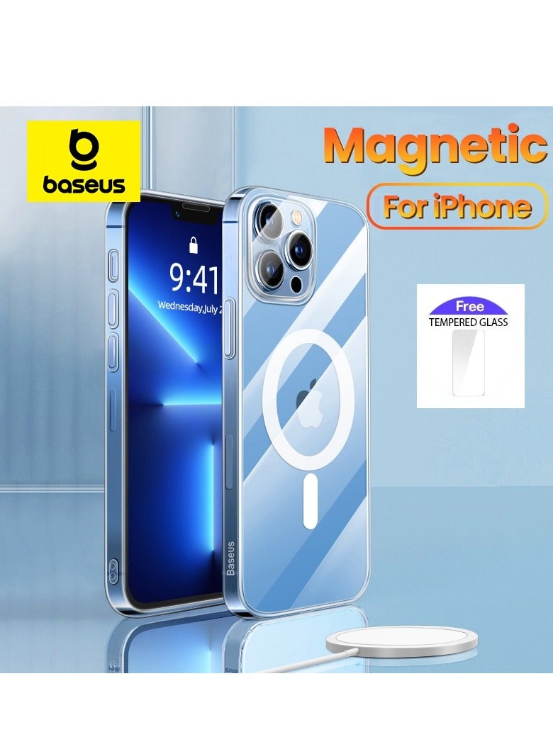 Baseus iPhone 15 Pro Max Magnetic Cover MagSafe Compatible Hybrid Protective Crystal Hard Back Case Shockproof Slim Transparent Case, Anti Yellowing Including Tempered Glass Screen Protector Clear - Image 1