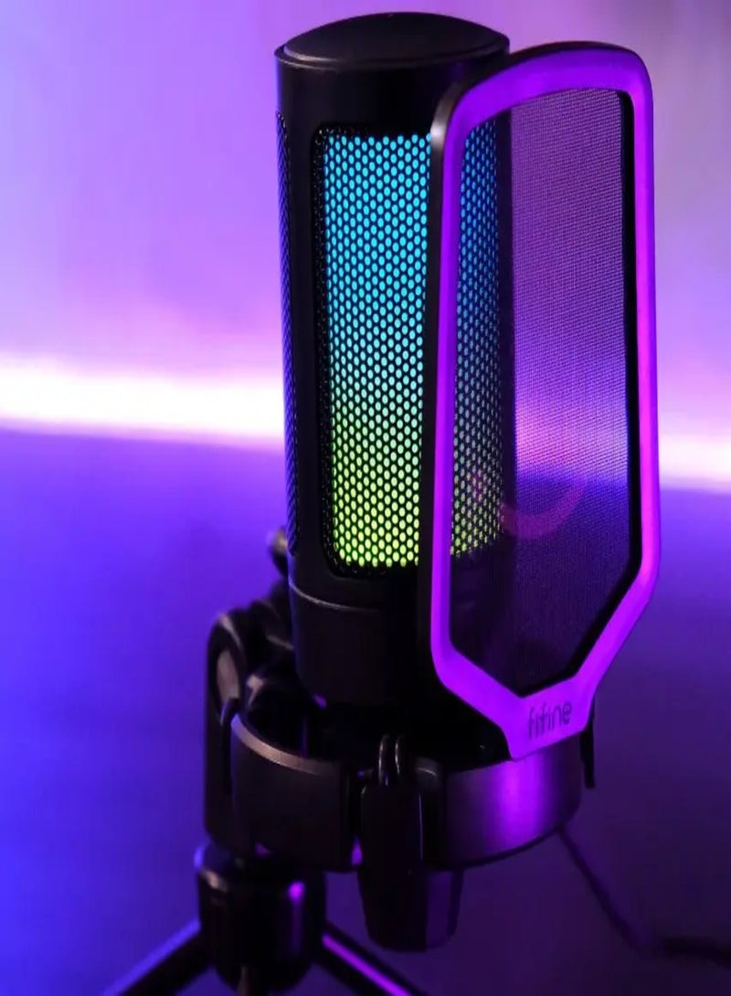 FIFINE - Gaming USB Microphone For PC PS5, Condenser Mic With Quick Mute, RGB Indicator, Tripod Stand, Pop Filter, Shock Mount, Gain Control For Streaming Discord Twitch Podcasts Videos-AmpliGame A6V Black - Image 1