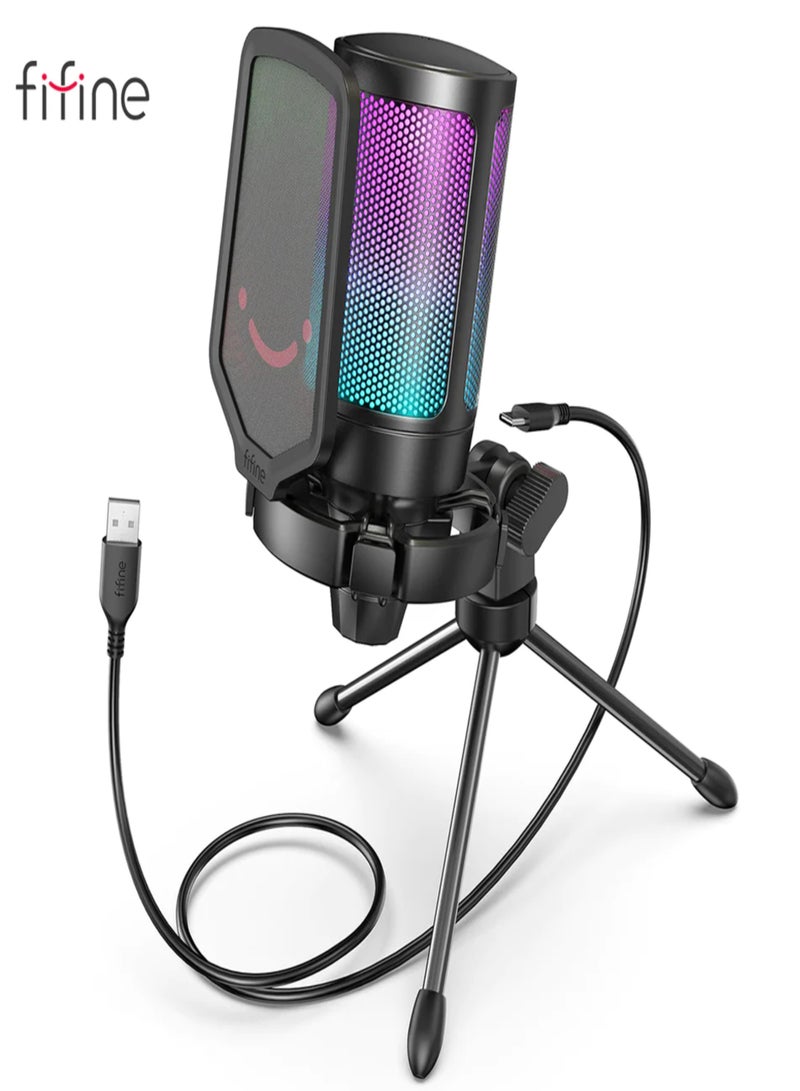 FIFINE Gaming USB Microphone For PC PS5, Condenser Mic With Quick Mute, RGB Indicator, Tripod Stand, Pop Filter, Shock Mount, Gain Control For Streaming Discord Twitch Podcasts Videos-AmpliGame A6V Black  - Image 1