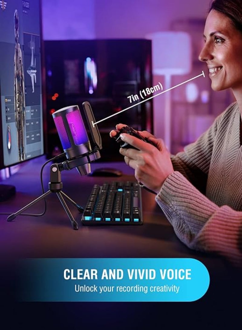 FIFINE Gaming USB Microphone For PC PS5, Condenser Mic With Quick Mute, RGB Indicator, Tripod Stand, Pop Filter, Shock Mount, Gain Control For Streaming Discord Twitch Podcasts Videos-AmpliGame A6V Black  - Image 3