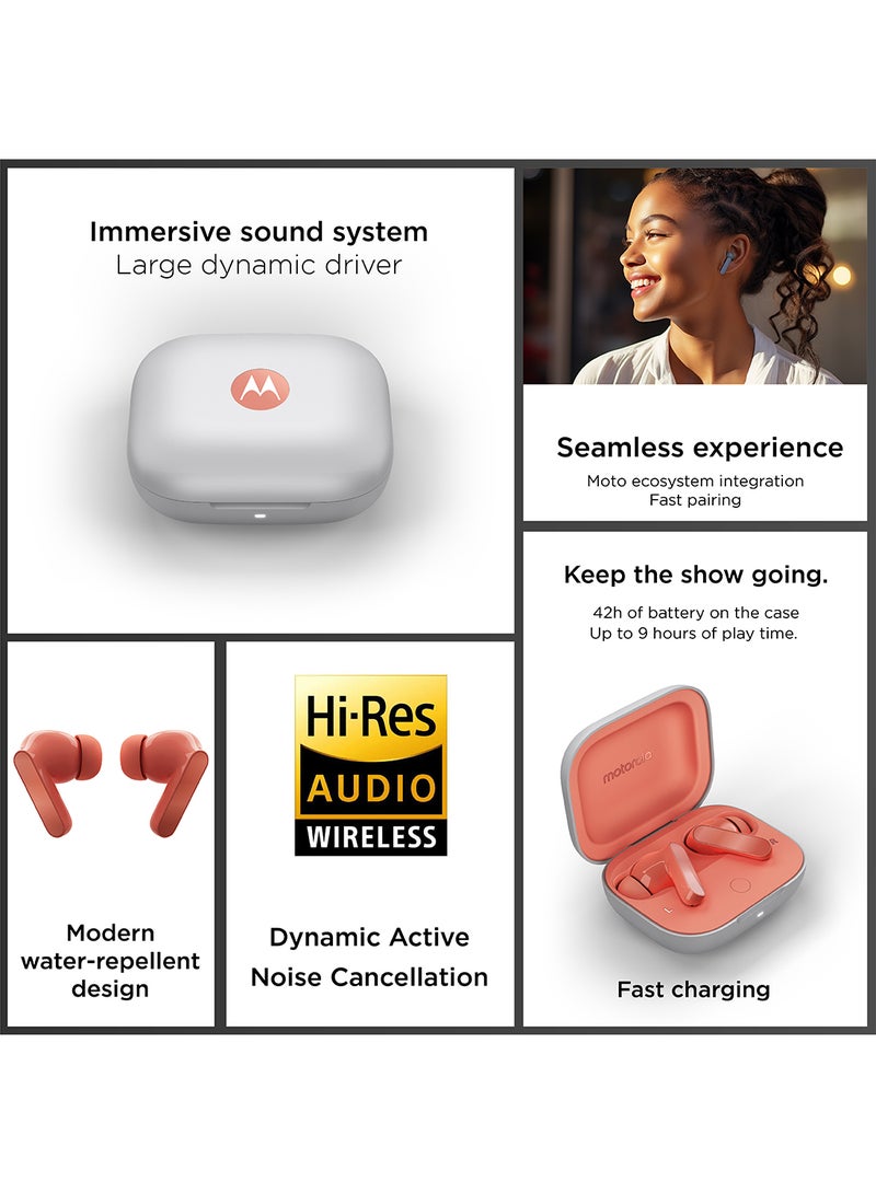 Motorola - Moto Buds Wireless Earphone, Tws Bluetooth Earbuds, Anc, Dolby Atmos, Unique Design, Hi-Res Sound, Quick Charge, Long Battery Life, Water Resistant Coral Peach - Image 1