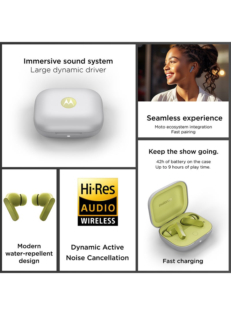 Motorola - Moto Buds Wireless Earphone, Tws Bluetooth Earbuds, Anc, Dolby Atmos, Unique Design, Hi-Res Sound, Quick Charge, Long Battery Life, Water Resistant Kiwi Green - Image 1