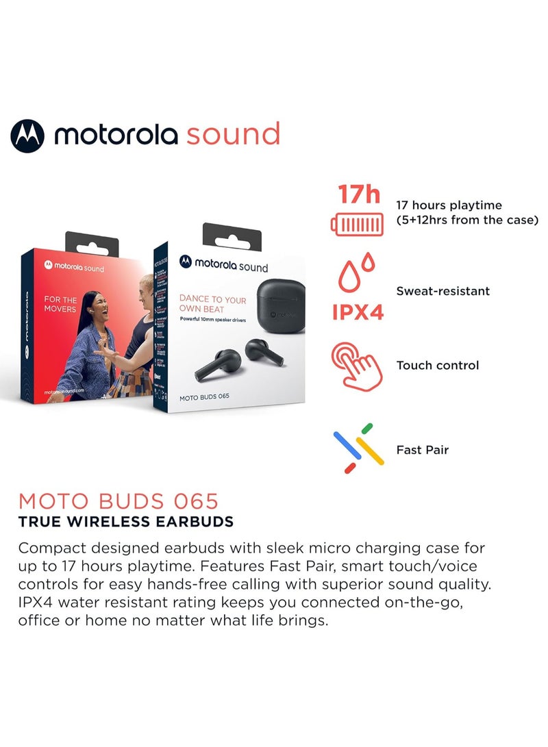 موتورولا Moto Buds 065 سماعات أذن لاسلكية حقيقية معزولة للضوضاء و17 ساعة من وقت التشغيل والتحكم باللمس على كلتا السماعتين IPX4 وميكروفون ENC المقاوم للماء لإجراء مكالمات صوتية واضحة  - Image 2