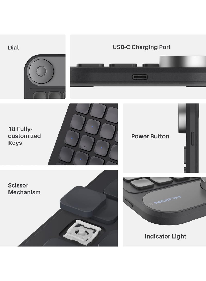 HUION Keydial Mini Bluetooth Programmable Keypad With Dial 5 Keys, Anti-ghosting, 18 Customized Keys Black  - Image 2