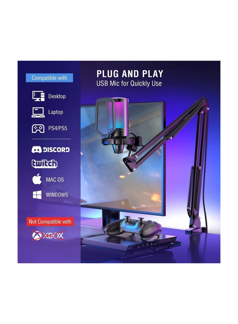 FIFINE - USB Gaming Microphone Kit, RGB Condenser Microphones Set For PC PS4 PS5 With Mute Button, PopFilter, Microphone Arm, Shock Mount For Streaming Podcast YouTube Videos A6T Black - Image 1