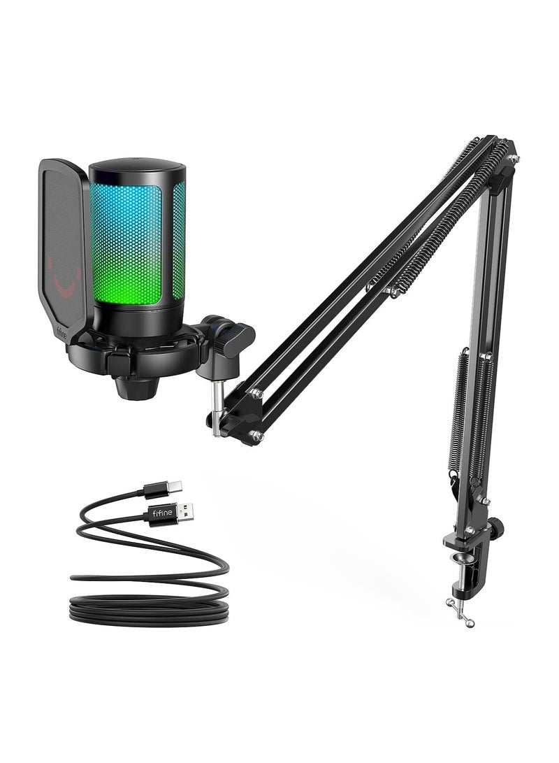 FIFINE - USB Gaming Microphone Kit, RGB Condenser Microphones Set For PC PS4 PS5 With Mute Button, PopFilter, Microphone Arm, Shock Mount For Streaming Podcast YouTube Videos A6T Black - Image 1