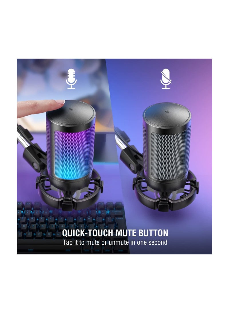 FIFINE - USB Gaming Microphone Kit, RGB Condenser Microphones Set For PC PS4 PS5 With Mute Button, PopFilter, Microphone Arm, Shock Mount For Streaming Podcast YouTube Videos A6T Black - Image 1