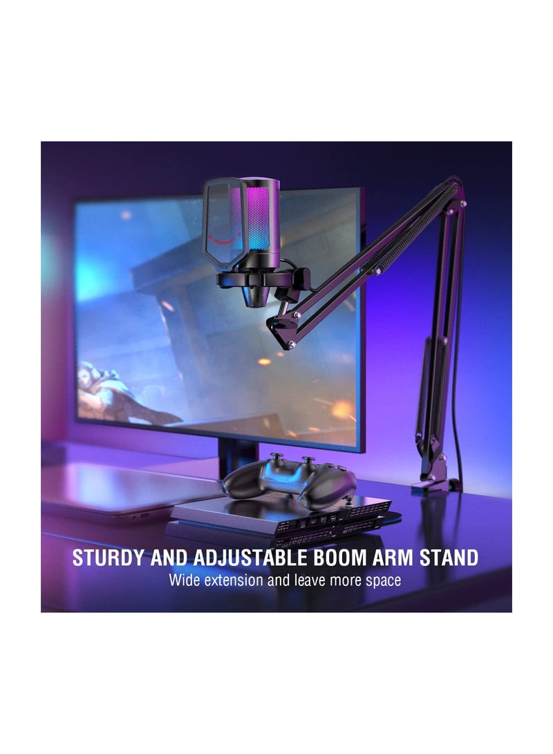 FIFINE - USB Gaming Microphone Kit, RGB Condenser Microphones Set For PC PS4 PS5 With Mute Button, PopFilter, Microphone Arm, Shock Mount For Streaming Podcast YouTube Videos A6T Black - Image 1