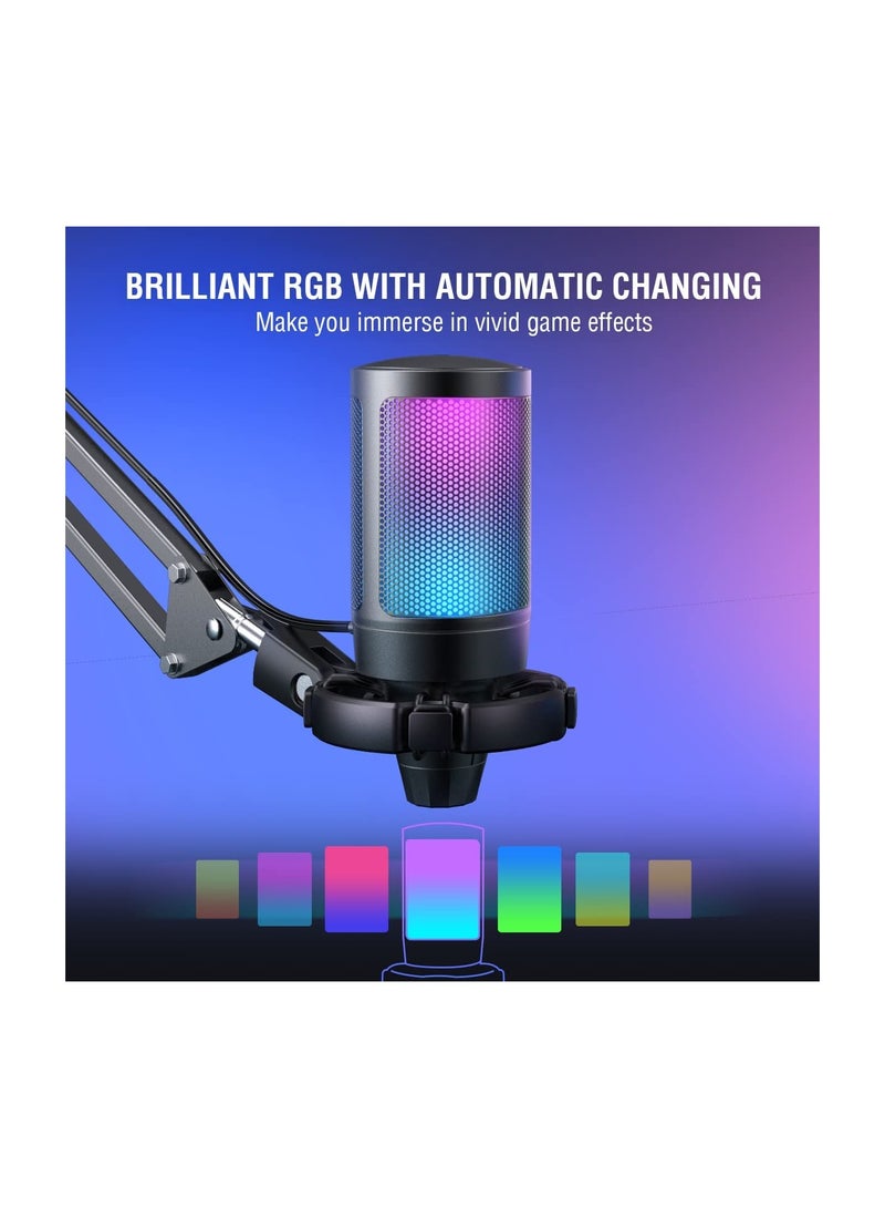 FIFINE - USB Gaming Microphone Kit, RGB Condenser Microphones Set For PC PS4 PS5 With Mute Button, PopFilter, Microphone Arm, Shock Mount For Streaming Podcast YouTube Videos A6T Black - Image 1