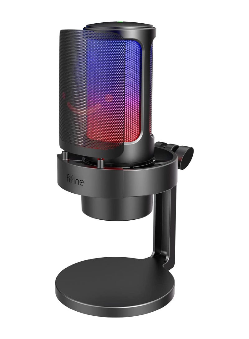 FIFINE Gaming Microphone, USB PC Mic For Streaming, Podcasts, Recording, Condenser Computer Desktop Mic On Mac/PS4/PS5, With RGB Control, Mute Touch, Headphone Jack, Pop Filter, Stand- AmpliGame A8 Black  - Image 1