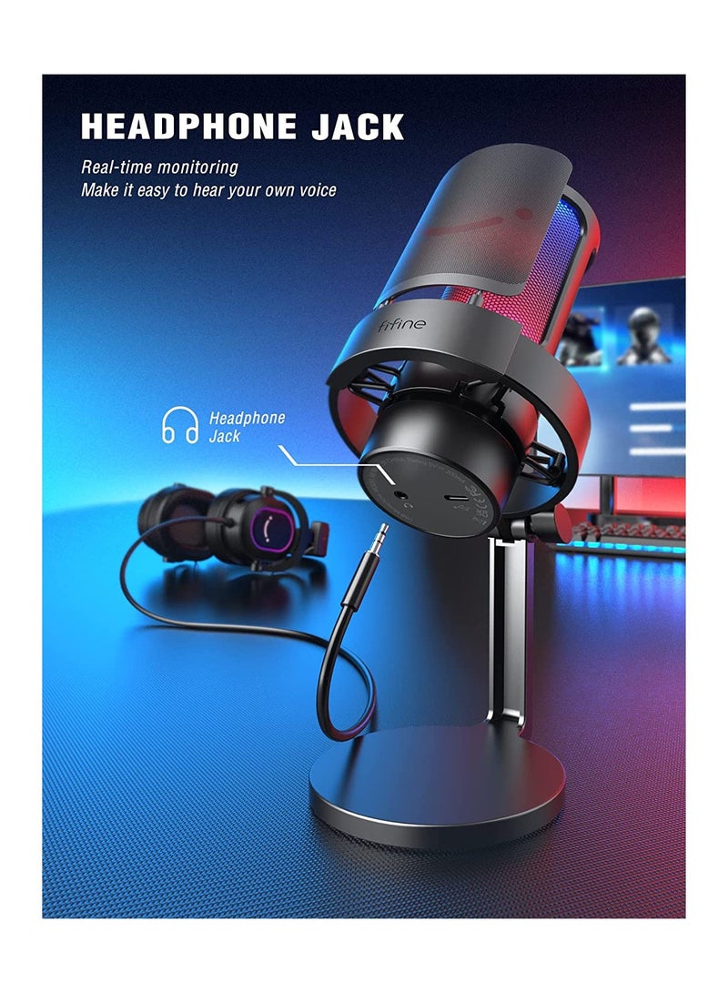 FIFINE Gaming Microphone, USB PC Mic For Streaming, Podcasts, Recording, Condenser Computer Desktop Mic On Mac/PS4/PS5, With RGB Control, Mute Touch, Headphone Jack, Pop Filter, Stand- AmpliGame A8 Black  - Image 3